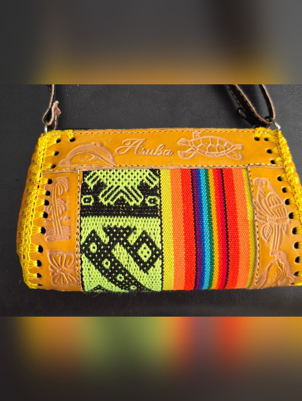 Handcrafted Leather & Multicolor Woven Crossbody Bag. Aruba.